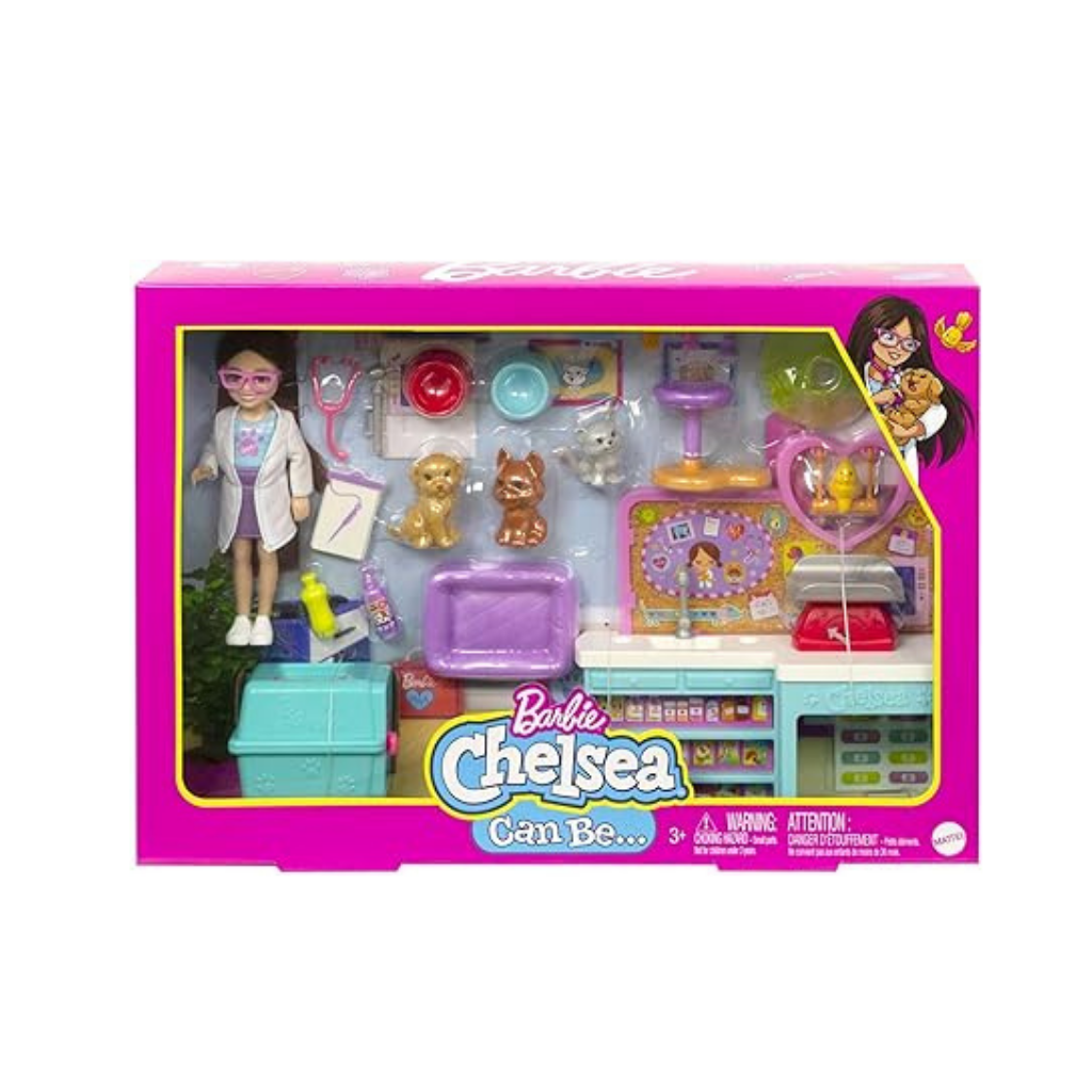 MATTEL BARBIE  CHELSE VETERINARIA MUÑECA CON 23 PCS 