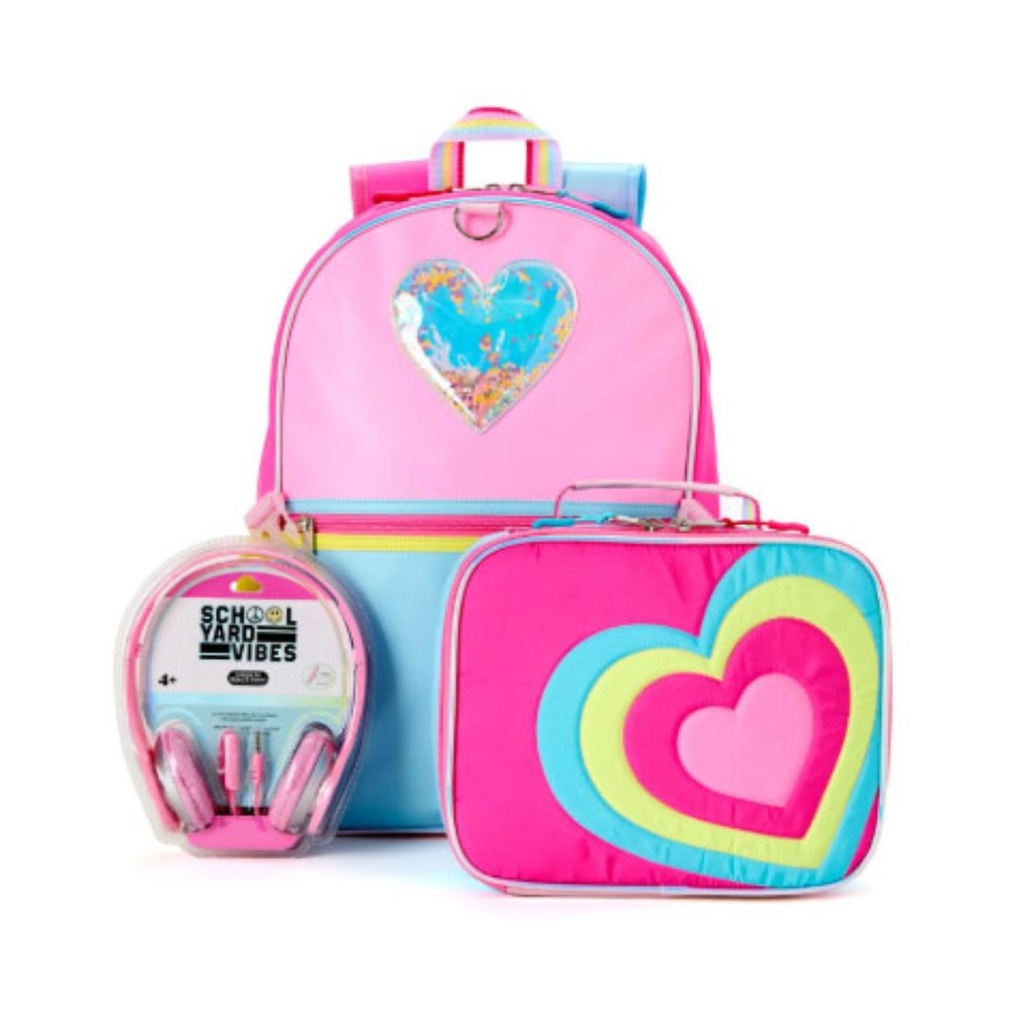 BOLSO ROSA CON AUDIFONO Y LONCHERA