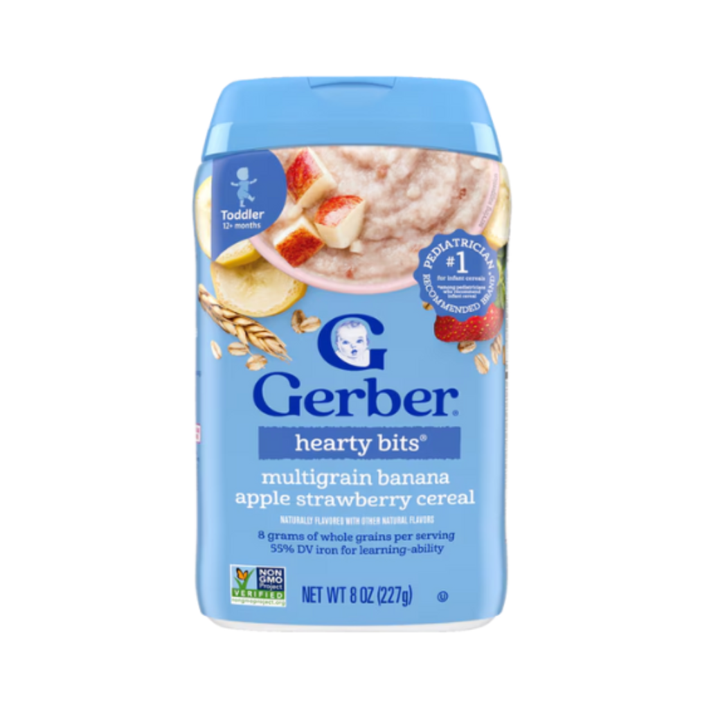 GERBER HEARTY BITS, GRANOS, BANANA, FRESAS, CEREAL