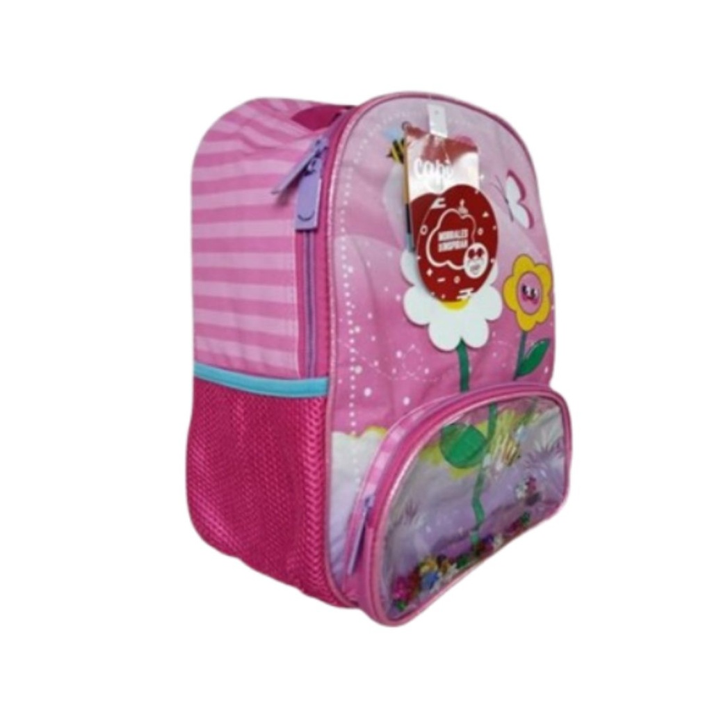 BOLSO CAPI ROSADO CON MARGARITAS LONCHERA Y CARTUCHERA