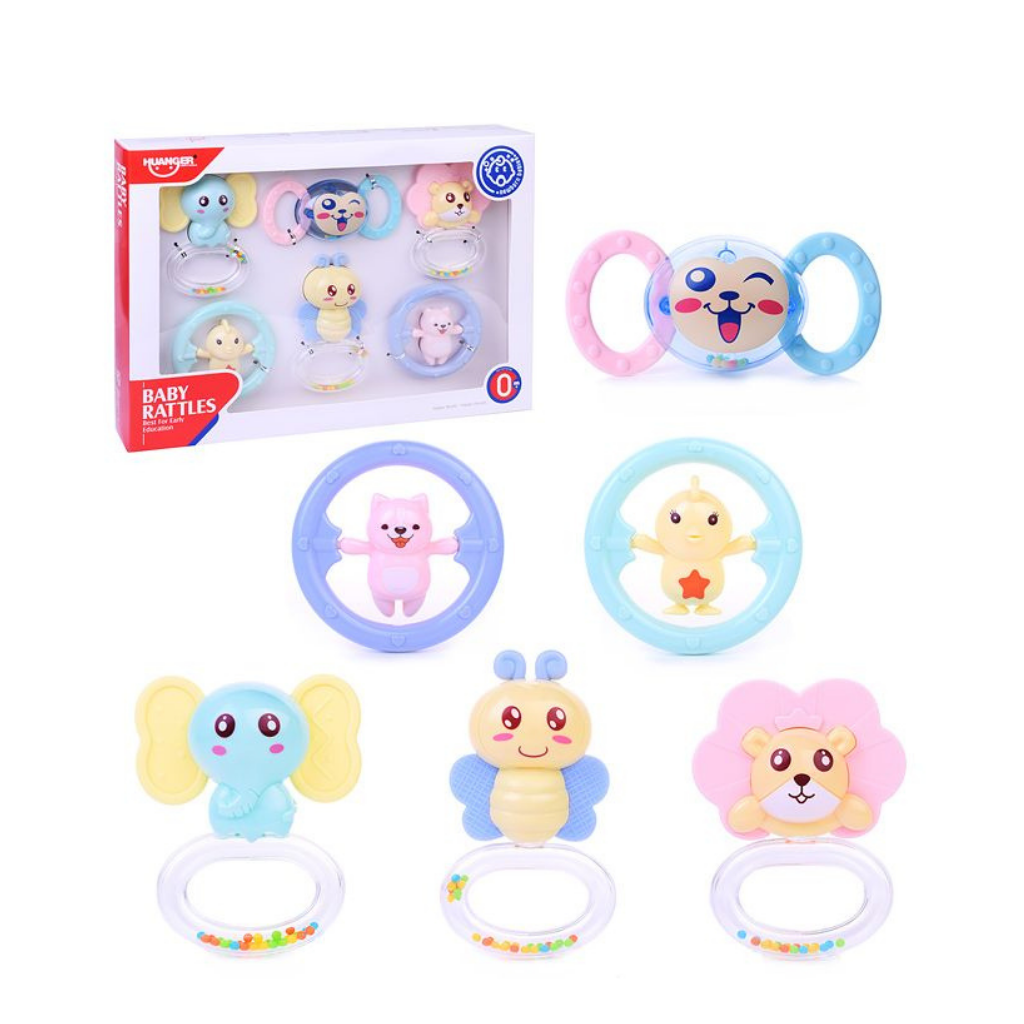 HUANGER SET SONAJEROS Y MORDEDORES-DESARROLLO SENSORIAL Y MOTOR 6PCS 0M+