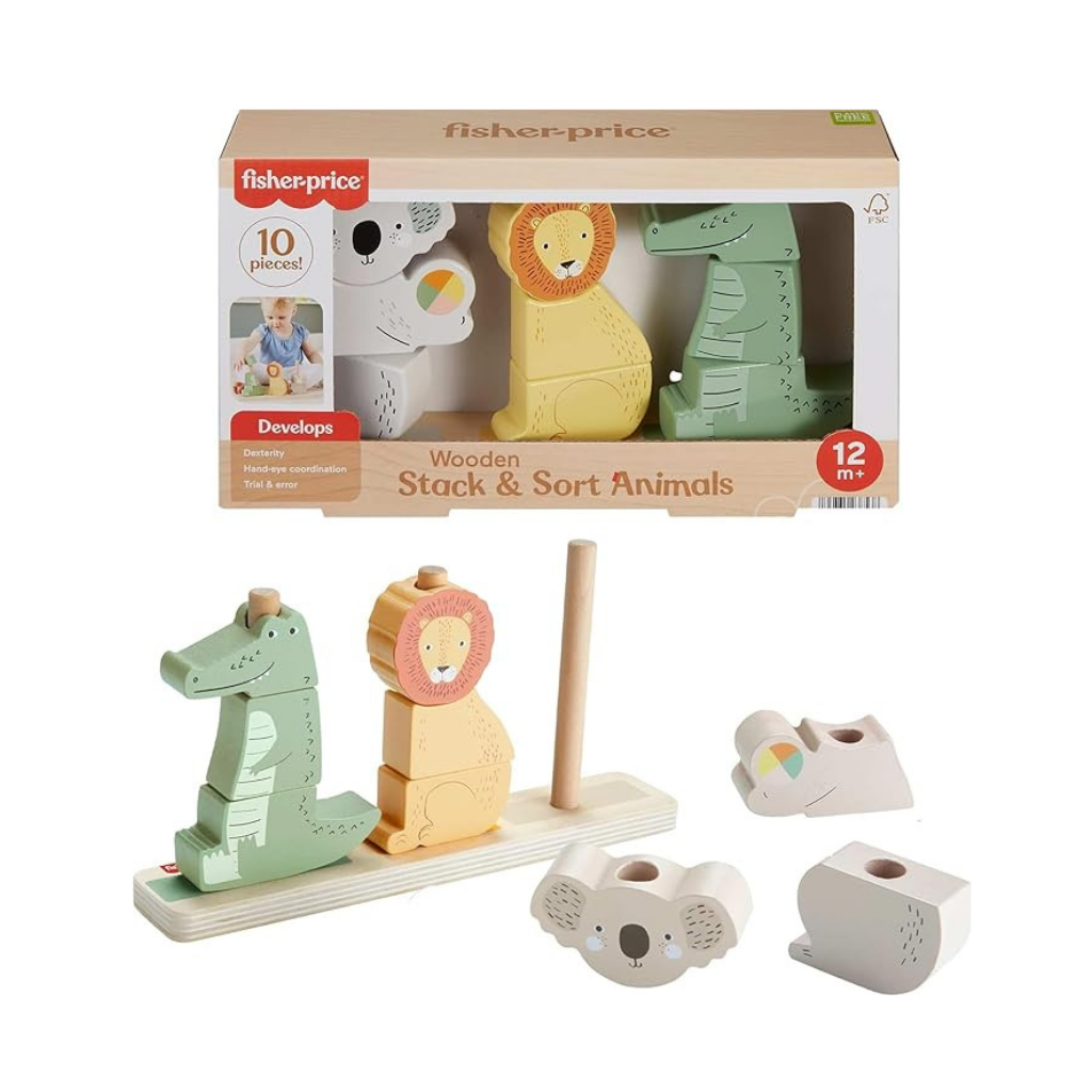 FISHER PRICE JUGUETE DE MADERA PARA APILAR Y CLASIFICAR  CON ANIMALES 