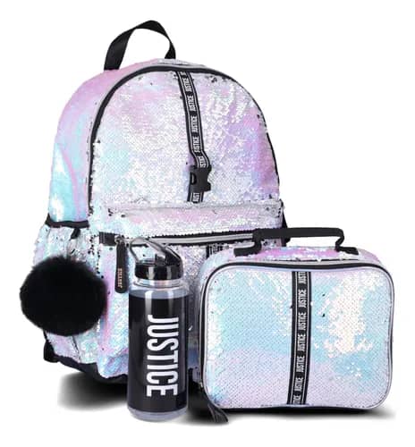 [843340284132] SET DE 5 PIEZAS BOLSO JUSTICE LENTEJUELAS PLATEADO