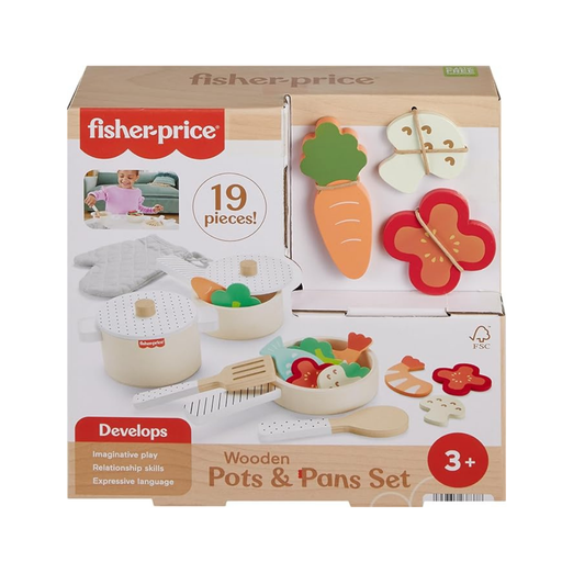 [194735238378] FISHER PRICE JUEGO OLLAS SARTENES DE MADERA 19 PCS 